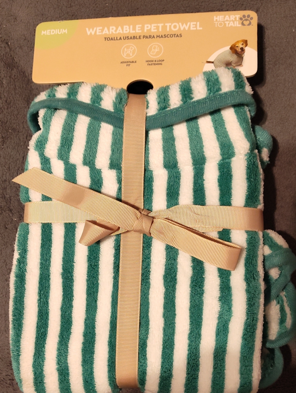 Wearable Pet Towel in Green and White Stripes - Heart to Tail